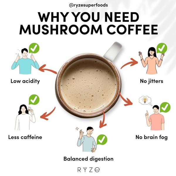 mushroom coffee, functional coffee, coffee blend, wellness coffee, adaptogenic coffee, brand awareness, product launch, modern typography, trustworthy, fresh, neutral, green
